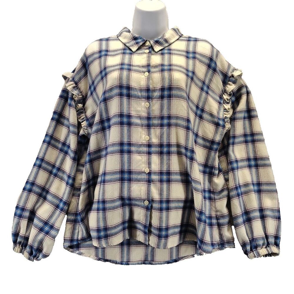 Candace Cameron Bure Women Sz M Button Up Blue Plaid Shirt Ruffle Balloon Sleeve